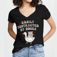 Easily Distracted By Books Silly-Goose Bookish Library Read Women's Jersey Short Sleeve Deep V-Neck Tshirt