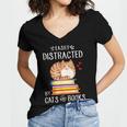 Easily Distracted By Cats And Books Reading Lover Bookish Women's Jersey Short Sleeve Deep V-Neck Tshirt
