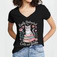 Easily Distracted By Cats And Books Reading Women's Jersey Short Sleeve Deep V-Neck Tshirt