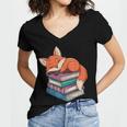 Fox Reading Book Pajama Sleep Women's Jersey Short Sleeve Deep V-Neck Tshirt