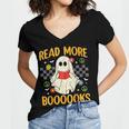 Ghost Reading Books Teacher Student Halloween Read More Book Women's Jersey Short Sleeve Deep V-Neck Tshirt