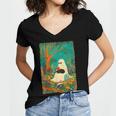 Groovy Ghost Reading Book Cat Halloween Ghost Teacher Women's Jersey Short Sleeve Deep V-Neck Tshirt