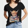 Highland Cow Reading Book Librarian Library Women's Jersey Short Sleeve Deep V-Neck Tshirt