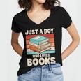 Just A Boy Who Loves Books Reading Bookworm Boys Kids Women's Jersey Short Sleeve Deep V-Neck Tshirt