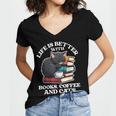 Life Is Better With Books Cats & Coffee Librarian Book Lover Women's Jersey Short Sleeve Deep V-Neck Tshirt