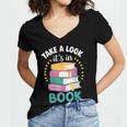 Take a Look It's In a Book Teacher Reading Apparel Women's Jersey Short Sleeve Deep V-Neck Tshirt