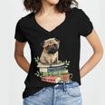 Pug Dog Reading Book Coffee Read Books Be Kind Stay Weird Women's Jersey Short Sleeve Deep V-Neck Tshirt