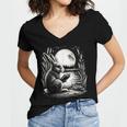 Rabbit Reading Book Full Moon Lake Scenery Women's Jersey Short Sleeve Deep V-Neck Tshirt