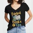 Reading Hobby Bookshelves Library Fueled By Books And Tea Women's Jersey Short Sleeve Deep V-Neck Tshirt