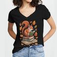 Squirrel Reading Book Lovers Fall Leaves Library Books Women's Jersey Short Sleeve Deep V-Neck Tshirt