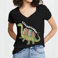 Teachersaurus Dinosaur Teachers Dino Reading Book Librarian Women's Jersey Short Sleeve Deep V-Neck Tshirt