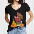 Turkey Reading Books Fall Thanksgiving Teacher Book Women's Jersey Short Sleeve Deep V-Neck Tshirt