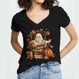 Vintage Ghost Book Reading Pumpkin Gothic Halloween Teachers Women's Jersey Short Sleeve Deep V-Neck Tshirt Vintage Ghost Book Reading Pumpkin Gothic Halloween Teachers Women's Jersey Short Sleeve Deep V-Neck Tshirt