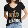 Wild About Reading Books Animal Theme Bookworm Library Day Women's Jersey Short Sleeve Deep V-Neck Tshirt