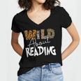 WILD ABOUT READING Reading Books Bookworm Library Day Women's Jersey Short Sleeve Deep V-Neck Tshirt
