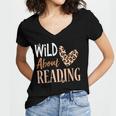 Wild About Reading Teacher Books Reader Lovers Leopard Zebra Women's Jersey Short Sleeve Deep V-Neck Tshirt