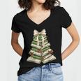 Xmas Tree Books Merry Christmas Coquette Bow Teacher Holiday Women's Jersey Short Sleeve Deep V-Neck Tshirt
