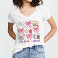 100 Days Of School Coquette Bow School Bus Pencil Books Women's Jersey Short Sleeve Deep V-Neck Tshirt