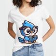 Adorable Book Lover Blue Jay With Reading Glasses Cute Raglan Baseball Tee Women's Jersey Short Sleeve Deep V-Neck Tshirt