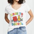 Back To School Checkered Book Pencil Groovy Teacher Student Women's Jersey Short Sleeve Deep V-Neck Tshirt