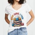 “Books Coffee & Yarn Enthusiast Cozy Reader Women's Jersey Short Sleeve Deep V-Neck Tshirt