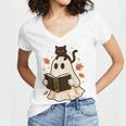 Books Ghost Reading Book Halloween Library Cat Fall Women's Jersey Short Sleeve Deep V-Neck Tshirt Books Ghost Reading Book Halloween Library Cat Fall Women's Jersey Short Sleeve Deep V-Neck Tshirt