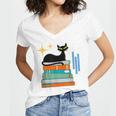Cat And Books Retro Midcentury Mid Century Aesthetic Women's Jersey Short Sleeve Deep V-Neck Tshirt