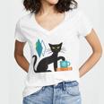 Cat Midcentury With Book And Coffee Atomic Age Mid Century Women's Jersey Short Sleeve Deep V-Neck Tshirt Cat Midcentury With Book And Coffee Atomic Age Mid Century Women's Jersey Short Sleeve Deep V-Neck Tshirt