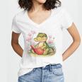 Crocodile Reading Book Watercolor Flowers Kids Women's Jersey Short Sleeve Deep V-Neck Tshirt