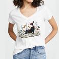 Cute Cat Flower Garden Book Kitty Reading Floral Men Women Girls Kids Women's Jersey Short Sleeve Deep V-Neck Tshirt