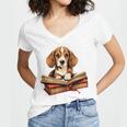 Cute Dog Beagle Reading Book Women's Jersey Short Sleeve Deep V-Neck Tshirt Cute Dog Beagle Reading Book Women's Jersey Short Sleeve Deep V-Neck Tshirt