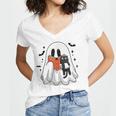 Cute Halloween Ghost Reading Book Women's Jersey Short Sleeve Deep V-Neck Tshirt