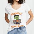Cute Halloween Teacher Librarian Frankenstein Reading Books Women's Jersey Short Sleeve Deep V-Neck Tshirt