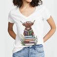 Cute Highland Cow With Book Floral Bookworm Librarian Book Women's Jersey Short Sleeve Deep V-Neck Tshirt Cute Highland Cow With Book Floral Bookworm Librarian Book Women's Jersey Short Sleeve Deep V-Neck Tshirt