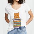 Cute Orange Tabby Cat Reading On Pile Of Books Women's Jersey Short Sleeve Deep V-Neck Tshirt