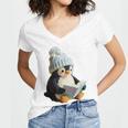 Cute Penguin Reading Book Faux-Crochet Print Women's Jersey Short Sleeve Deep V-Neck Tshirt Cute Penguin Reading Book Faux-Crochet Print Women's Jersey Short Sleeve Deep V-Neck Tshirt