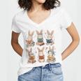 Cute Teacher Bunny Rabbit Reading Easter Bunnies Book Lovers Women's Jersey Short Sleeve Deep V-Neck Tshirt