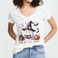 Ghost Reading Book Coquette Bow Halloween Girl Toddler Kid Premium Women's Jersey Short Sleeve Deep V-Neck Tshirt