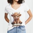 Highland Cow Reading Book Bookworm Women's Jersey Short Sleeve Deep V-Neck Tshirt Highland Cow Reading Book Bookworm Women's Jersey Short Sleeve Deep V-Neck Tshirt