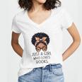 Just a Girl Who Loves Books Messy Bun Black Women Reading Women's Jersey Short Sleeve Deep V-Neck Tshirt