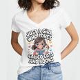 Kawaii Cat And Books Just A Girl Who Loves Both Women's Jersey Short Sleeve Deep V-Neck Tshirt