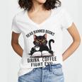 Read Banned Books Drink Coffee Fight Evil Retro Cat Women's Jersey Short Sleeve Deep V-Neck Tshirt