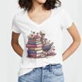 Reading A Book Per Day Keeps Reality Away Skeleton Books Women's Jersey Short Sleeve Deep V-Neck Tshirt