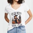 Salem Witch Book Club Bookish Retro Halloween Cat Women's Jersey Short Sleeve Deep V-Neck Tshirt