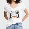 Skeleton Reading Book In Hammock Halloween Reader Women's Jersey Short Sleeve Deep V-Neck Tshirt