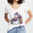 Snowman Reading Book Lovers Christmas Bookworm Librarian Women's Jersey Short Sleeve Deep V-Neck Tshirt