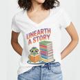 Unearth A Story Cute Turtle Reading Books Librarian Women's Jersey Short Sleeve Deep V-Neck Tshirt