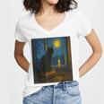Van Gogh Starry Night Art Cat And Book Lovers Women's Jersey Short Sleeve Deep V-Neck Tshirt Van Gogh Starry Night Art Cat And Book Lovers Women's Jersey Short Sleeve Deep V-Neck Tshirt