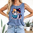 Adorable Book Lover Calico Cat With Reading Glasses Cute For Men Women Kids Comfort Colors Tank Top Blue Jean