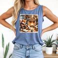 Fox Reads By Fireplace In Cabin Rustic Book Cozy Cup Tea Comfort Colors Tank Top Blue Jean